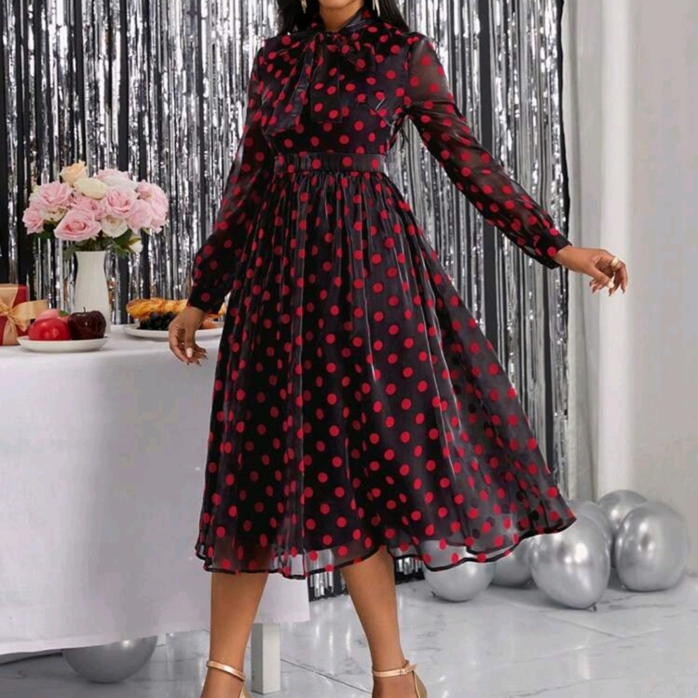 Polka Dot Sheer Mesh Tie Neck Overlay Dress